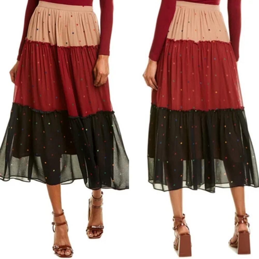 Farm Rio Women's Mixed Dots Maxi Skirt Multi Tiered Color Blocked Sheer Overlay